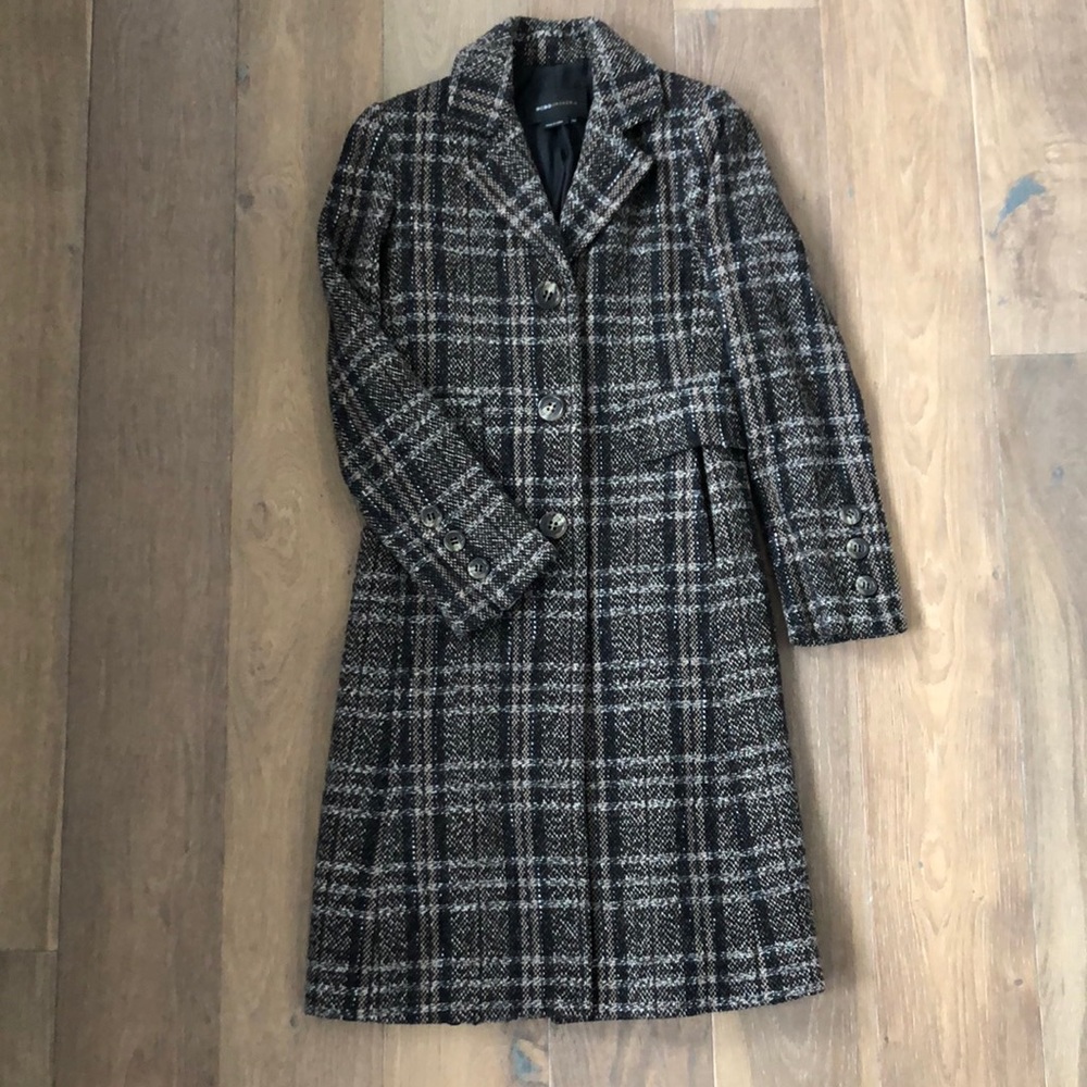 BCBG wool plaid coat $498 black brown beige XS S M